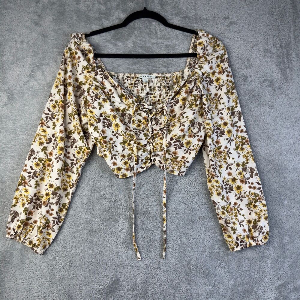 Haute Monde Crop Top Womens Small Lace-Up Corset Style Smock Back Boho Floral